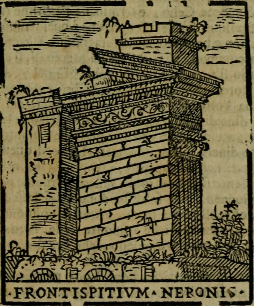 An illustration from Descrittione di Roma antica e moderna : nella quale si contengono chiese, monasterij, hospedali, compagnie, collegij e seminarij, tempij, teatri, anfiteatri, naumachie, cerchi, fori, curie, palazzi, e statue, librerie, musei, pitture, sculture, & i nomi de gli artefici : indice de'sommi pontefici, imperatori e duchi : con due copiosissime tauole, 1643, leaf 608