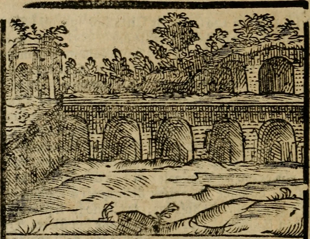 An illustration from Descrittione di Roma antica e moderna : nella quale si contengono chiese, monasterij, hospedali, compagnie, collegij e seminarij, tempij, teatri, anfiteatri, naumachie, cerchi, fori, curie, palazzi, e statue, librerie, musei, pitture, sculture, & i nomi de gli artefici : indice de'sommi pontefici, imperatori e duchi : con due copiosissime tauole, 1643, leaf 611