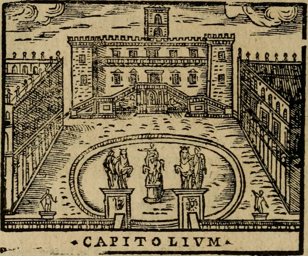 An illustration from Descrittione di Roma antica e moderna : nella quale si contengono chiese, monasterij, hospedali, compagnie, collegij e seminarij, tempij, teatri, anfiteatri, naumachie, cerchi, fori, curie, palazzi, e statue, librerie, musei, pitture, sculture, & i nomi de gli artefici : indice de'sommi pontefici, imperatori e duchi : con due copiosissime tauole, 1643, leaf 637