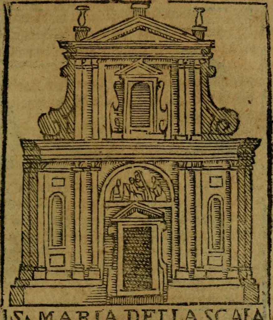 An illustration from Descrittione di Roma antica e moderna : nella quale si contengono chiese, monasterij, hospedali, compagnie, collegij e seminarij, tempij, teatri, anfiteatri, naumachie, cerchi, fori, curie, palazzi, e statue, librerie, musei, pitture, sculture, & i nomi de gli artefici : indice de'sommi pontefici, imperatori e duchi : con due copiosissime tauole, 1643, leaf 64
