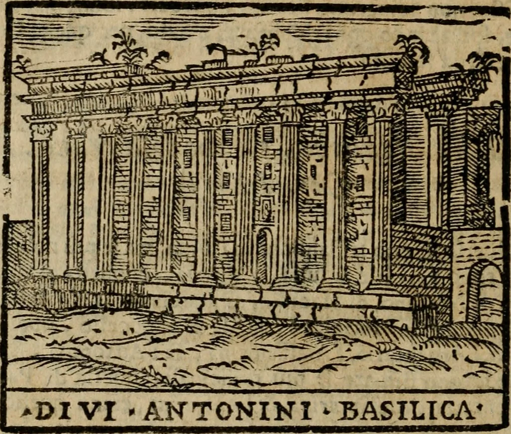 An illustration from Descrittione di Roma antica e moderna : nella quale si contengono chiese, monasterij, hospedali, compagnie, collegij e seminarij, tempij, teatri, anfiteatri, naumachie, cerchi, fori, curie, palazzi, e statue, librerie, musei, pitture, sculture, & i nomi de gli artefici : indice de'sommi pontefici, imperatori e duchi : con due copiosissime tauole, 1643, leaf 647