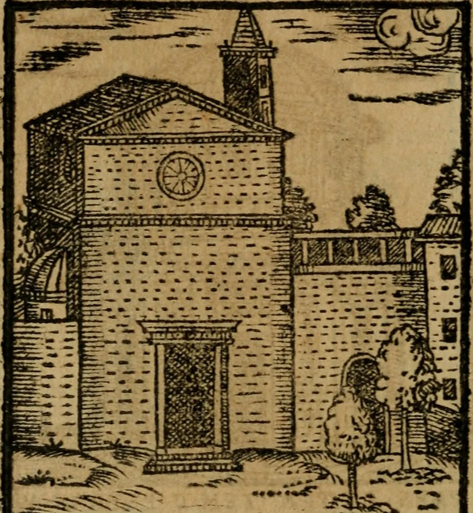 An illustration from Descrittione di Roma antica e moderna : nella quale si contengono chiese, monasterij, hospedali, compagnie, collegij e seminarij, tempij, teatri, anfiteatri, naumachie, cerchi, fori, curie, palazzi, e statue, librerie, musei, pitture, sculture, & i nomi de gli artefici : indice de'sommi pontefici, imperatori e duchi : con due copiosissime tauole, 1643, leaf 65