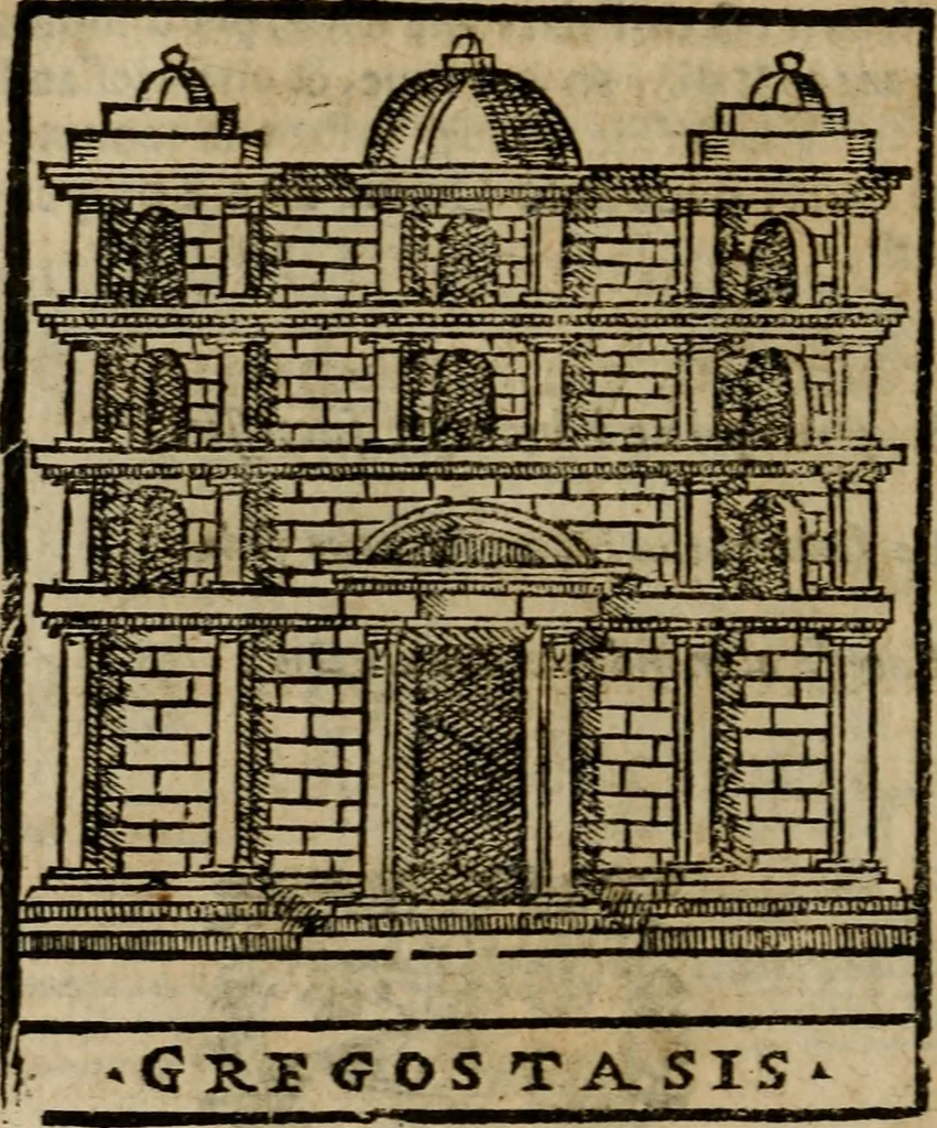 An illustration from Descrittione di Roma antica e moderna : nella quale si contengono chiese, monasterij, hospedali, compagnie, collegij e seminarij, tempij, teatri, anfiteatri, naumachie, cerchi, fori, curie, palazzi, e statue, librerie, musei, pitture, sculture, & i nomi de gli artefici : indice de'sommi pontefici, imperatori e duchi : con due copiosissime tauole, 1643, leaf 651