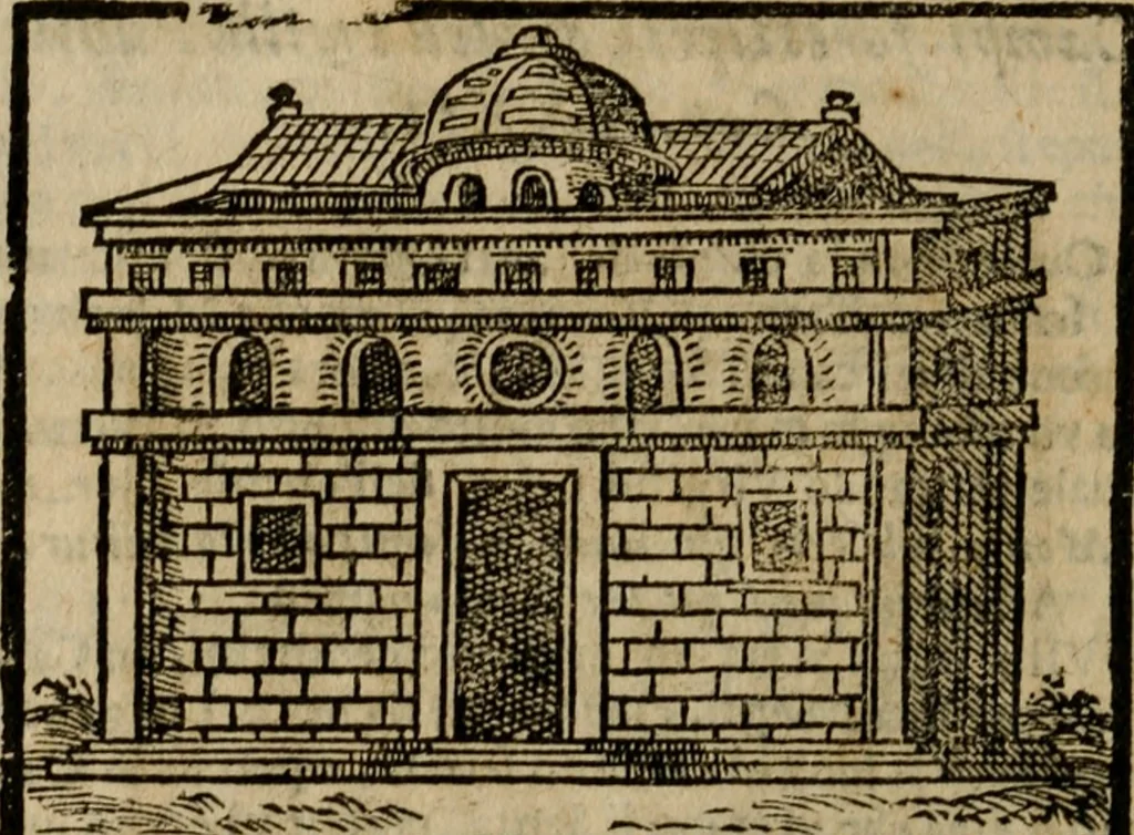 An illustration from Descrittione di Roma antica e moderna : nella quale si contengono chiese, monasterij, hospedali, compagnie, collegij e seminarij, tempij, teatri, anfiteatri, naumachie, cerchi, fori, curie, palazzi, e statue, librerie, musei, pitture, sculture, & i nomi de gli artefici : indice de'sommi pontefici, imperatori e duchi : con due copiosissime tauole, 1643, leaf 655
