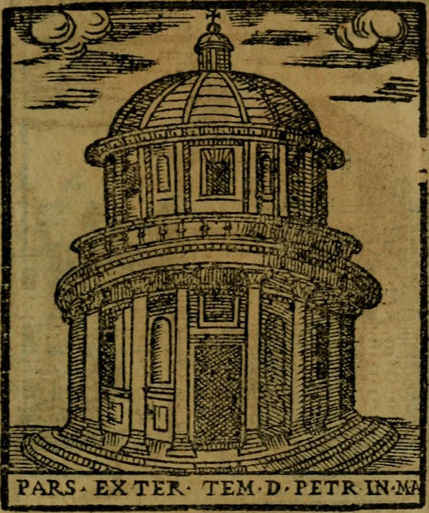 An illustration from Descrittione di Roma antica e moderna : nella quale si contengono chiese, monasterij, hospedali, compagnie, collegij e seminarij, tempij, teatri, anfiteatri, naumachie, cerchi, fori, curie, palazzi, e statue, librerie, musei, pitture, sculture, & i nomi de gli artefici : indice de'sommi pontefici, imperatori e duchi : con due copiosissime tauole, 1643, leaf 66