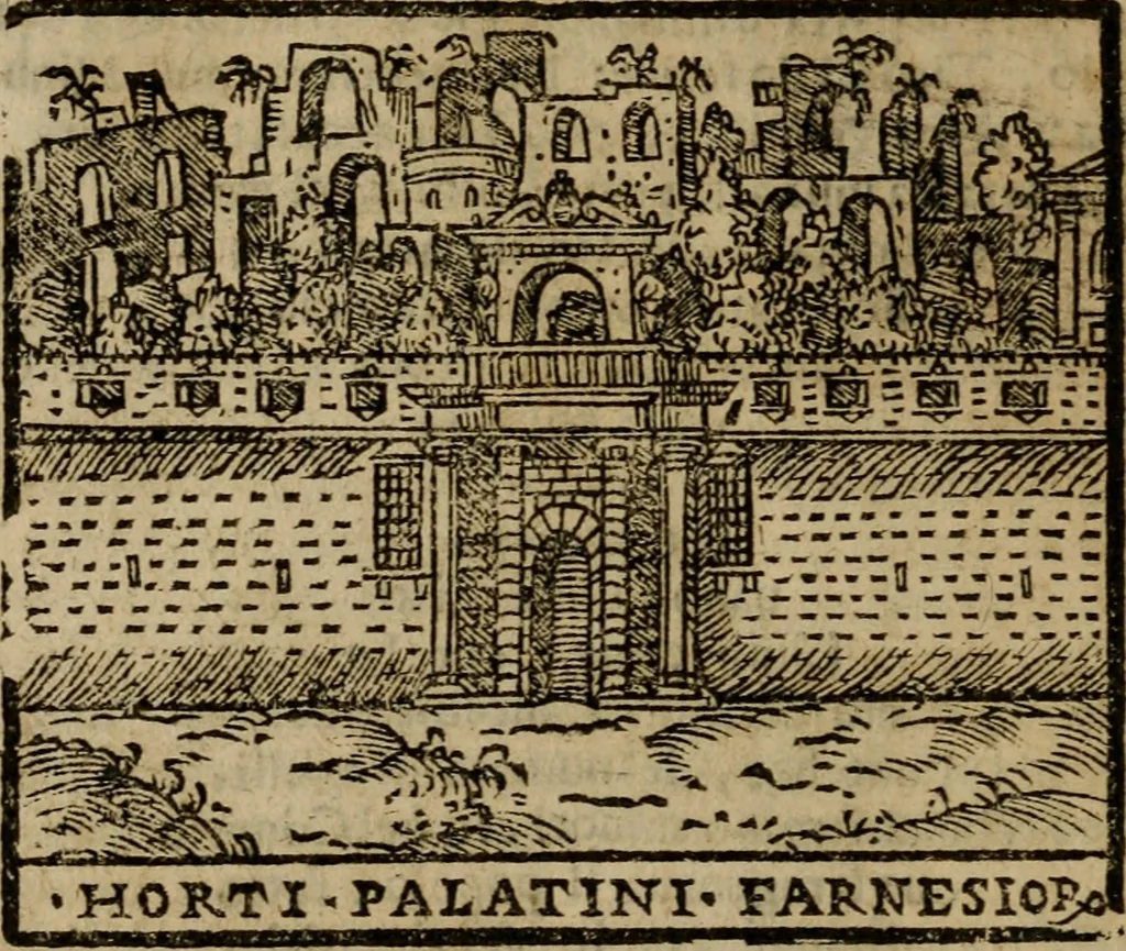 An illustration from Descrittione di Roma antica e moderna : nella quale si contengono chiese, monasterij, hospedali, compagnie, collegij e seminarij, tempij, teatri, anfiteatri, naumachie, cerchi, fori, curie, palazzi, e statue, librerie, musei, pitture, sculture, & i nomi de gli artefici : indice de'sommi pontefici, imperatori e duchi : con due copiosissime tauole, 1643, leaf 661