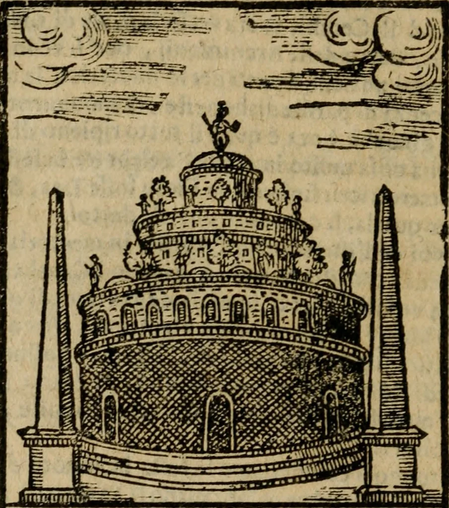 An illustration from Descrittione di Roma antica e moderna : nella quale si contengono chiese, monasterij, hospedali, compagnie, collegij e seminarij, tempij, teatri, anfiteatri, naumachie, cerchi, fori, curie, palazzi, e statue, librerie, musei, pitture, sculture, & i nomi de gli artefici : indice de'sommi pontefici, imperatori e duchi : con due copiosissime tauole, 1643, leaf 669