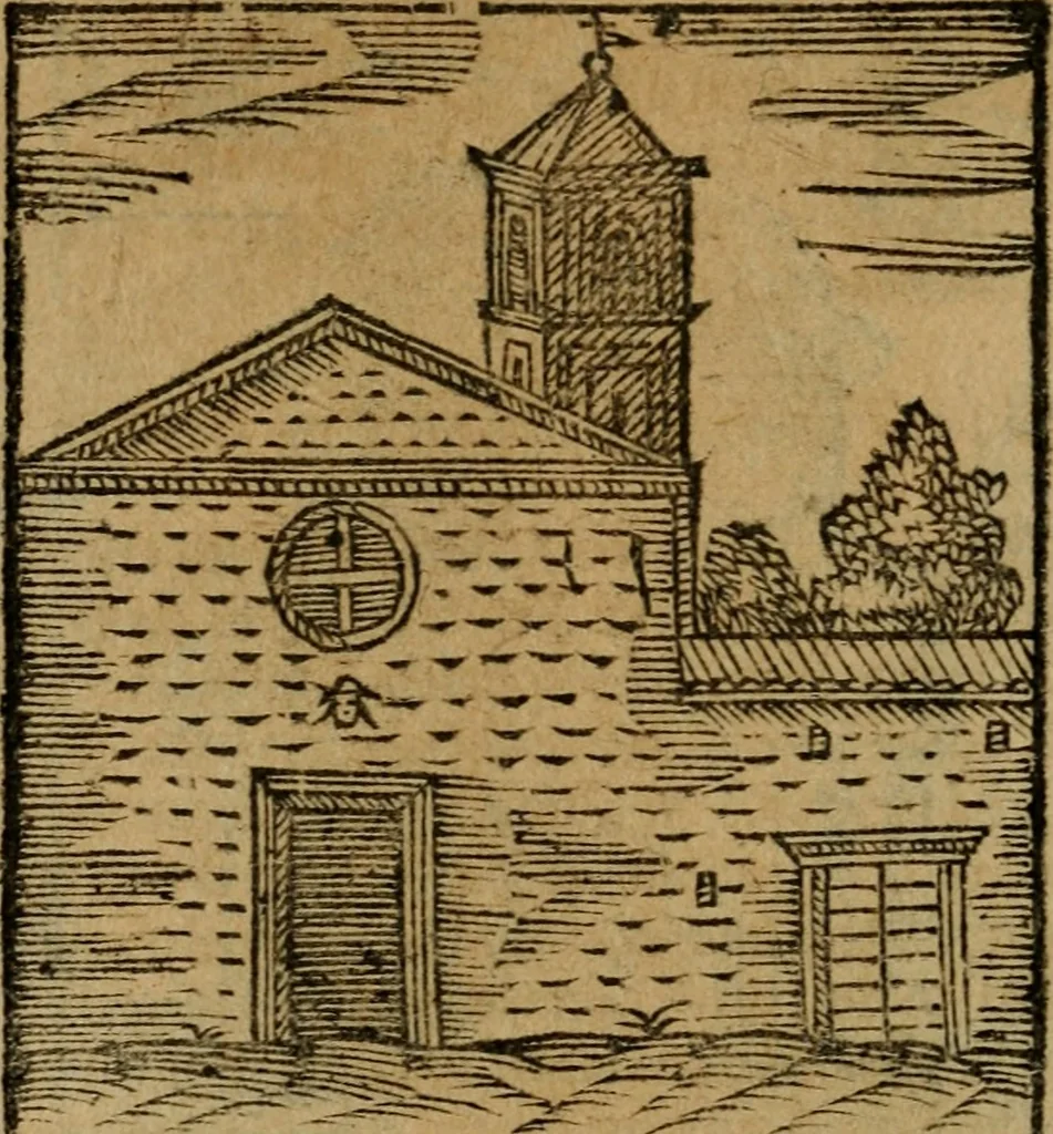 An illustration from Descrittione di Roma antica e moderna : nella quale si contengono chiese, monasterij, hospedali, compagnie, collegij e seminarij, tempij, teatri, anfiteatri, naumachie, cerchi, fori, curie, palazzi, e statue, librerie, musei, pitture, sculture, & i nomi de gli artefici : indice de'sommi pontefici, imperatori e duchi : con due copiosissime tauole, 1643, leaf 67