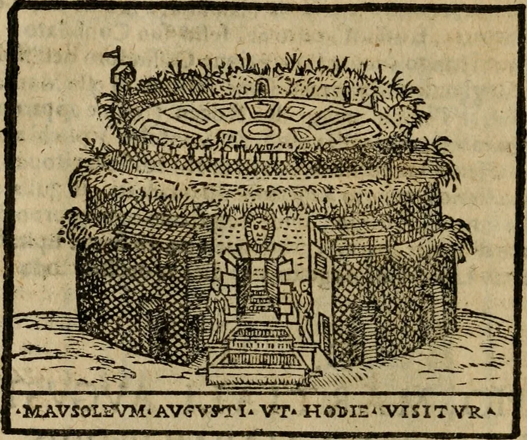 An illustration from Descrittione di Roma antica e moderna : nella quale si contengono chiese, monasterij, hospedali, compagnie, collegij e seminarij, tempij, teatri, anfiteatri, naumachie, cerchi, fori, curie, palazzi, e statue, librerie, musei, pitture, sculture, & i nomi de gli artefici : indice de'sommi pontefici, imperatori e duchi : con due copiosissime tauole, 1643, leaf 671
