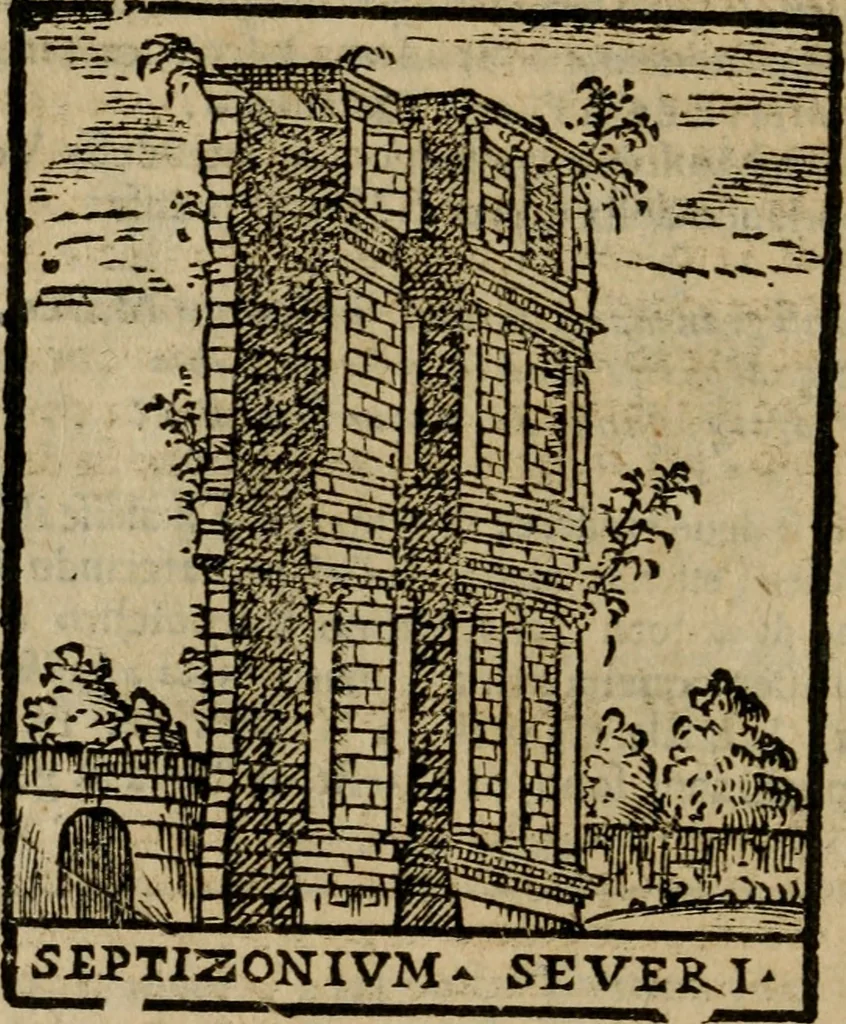 An illustration from Descrittione di Roma antica e moderna : nella quale si contengono chiese, monasterij, hospedali, compagnie, collegij e seminarij, tempij, teatri, anfiteatri, naumachie, cerchi, fori, curie, palazzi, e statue, librerie, musei, pitture, sculture, & i nomi de gli artefici : indice de'sommi pontefici, imperatori e duchi : con due copiosissime tauole, 1643, leaf 673
