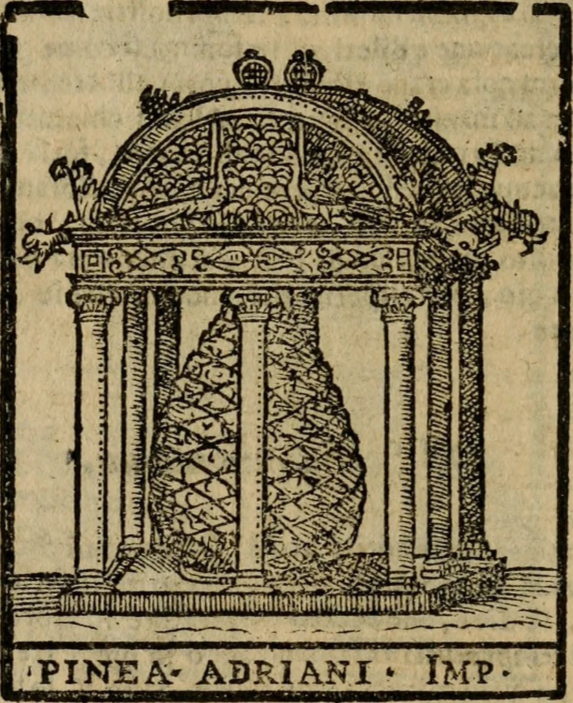 An illustration from Descrittione di Roma antica e moderna : nella quale si contengono chiese, monasterij, hospedali, compagnie, collegij e seminarij, tempij, teatri, anfiteatri, naumachie, cerchi, fori, curie, palazzi, e statue, librerie, musei, pitture, sculture, & i nomi de gli artefici : indice de'sommi pontefici, imperatori e duchi : con due copiosissime tauole, 1643, leaf 675