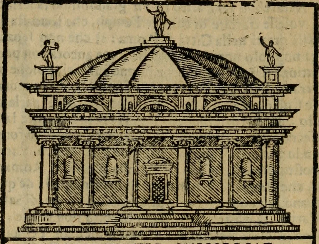 An illustration from Descrittione di Roma antica e moderna : nella quale si contengono chiese, monasterij, hospedali, compagnie, collegij e seminarij, tempij, teatri, anfiteatri, naumachie, cerchi, fori, curie, palazzi, e statue, librerie, musei, pitture, sculture, & i nomi de gli artefici : indice de'sommi pontefici, imperatori e duchi : con due copiosissime tauole, 1643, leaf 677