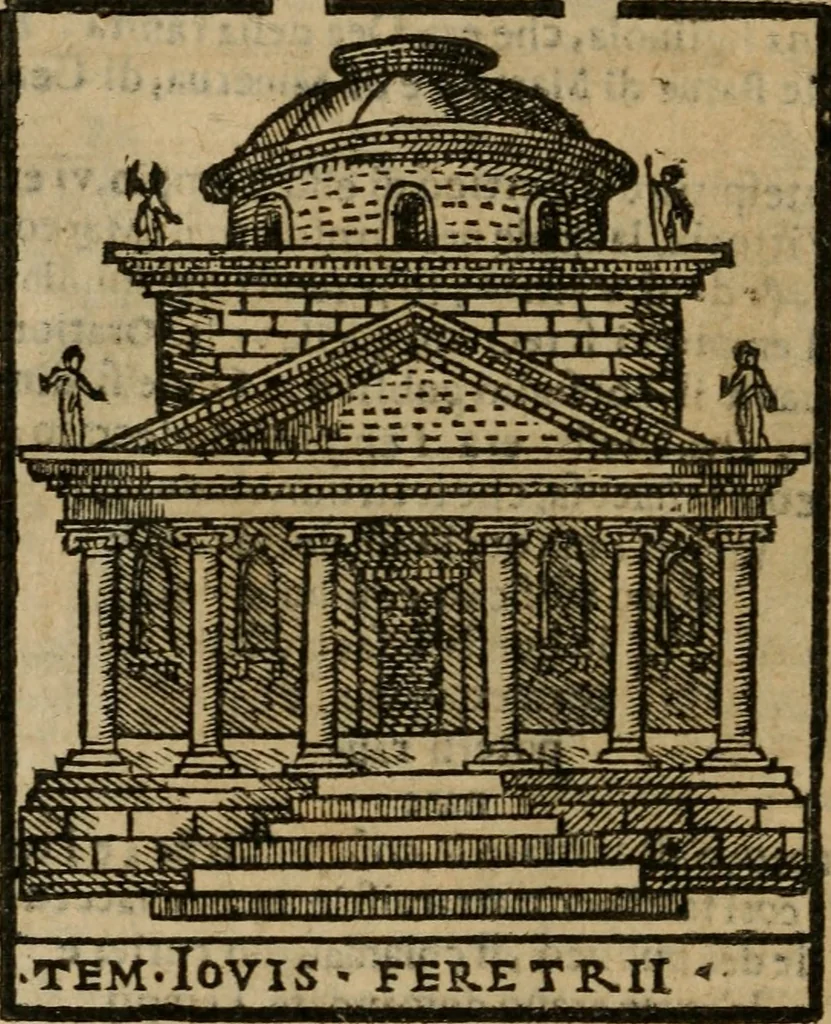 An illustration from Descrittione di Roma antica e moderna : nella quale si contengono chiese, monasterij, hospedali, compagnie, collegij e seminarij, tempij, teatri, anfiteatri, naumachie, cerchi, fori, curie, palazzi, e statue, librerie, musei, pitture, sculture, & i nomi de gli artefici : indice de'sommi pontefici, imperatori e duchi : con due copiosissime tauole, 1643, leaf 679