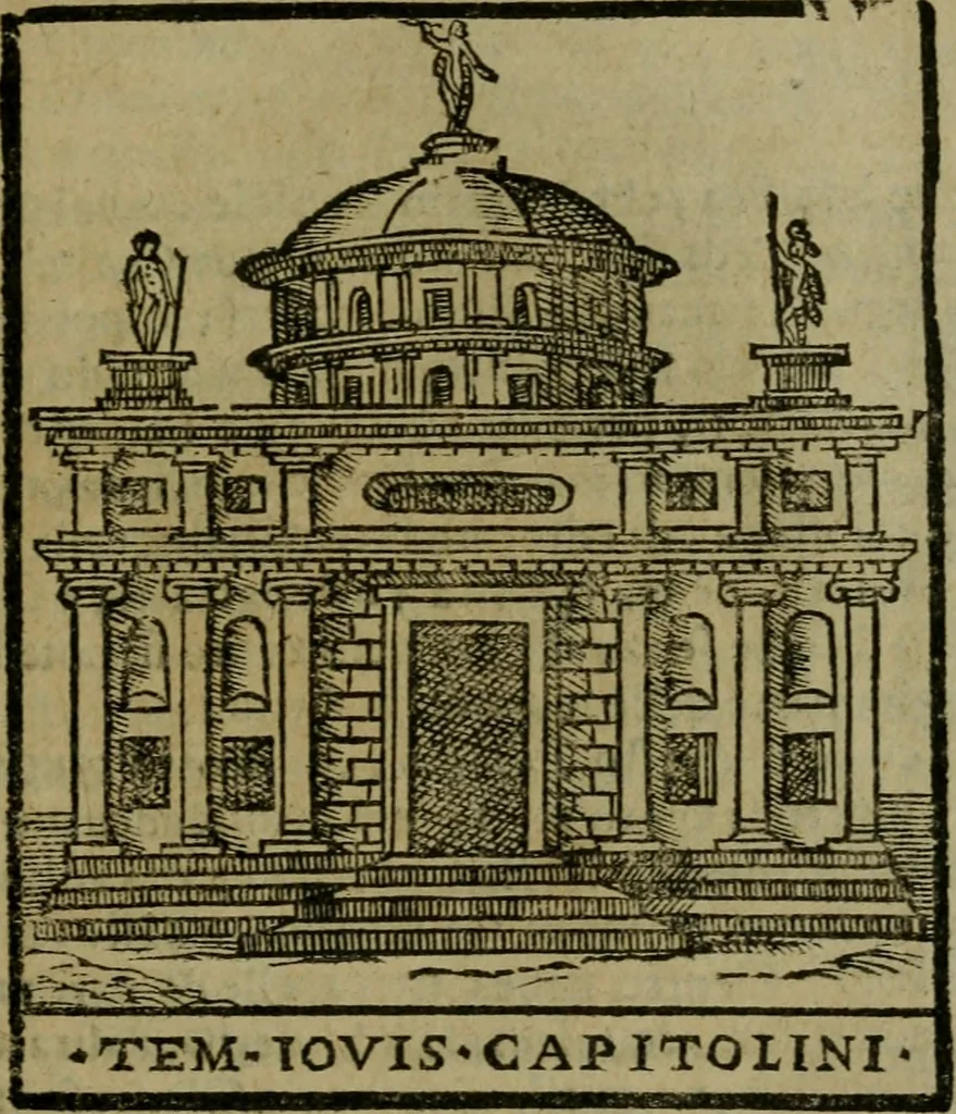 An illustration from Descrittione di Roma antica e moderna : nella quale si contengono chiese, monasterij, hospedali, compagnie, collegij e seminarij, tempij, teatri, anfiteatri, naumachie, cerchi, fori, curie, palazzi, e statue, librerie, musei, pitture, sculture, & i nomi de gli artefici : indice de'sommi pontefici, imperatori e duchi : con due copiosissime tauole, 1643, leaf 680