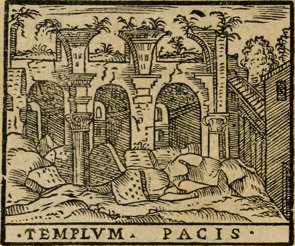 An illustration from Descrittione di Roma antica e moderna : nella quale si contengono chiese, monasterij, hospedali, compagnie, collegij e seminarij, tempij, teatri, anfiteatri, naumachie, cerchi, fori, curie, palazzi, e statue, librerie, musei, pitture, sculture, & i nomi de gli artefici : indice de'sommi pontefici, imperatori e duchi : con due copiosissime tauole, 1643, leaf 685