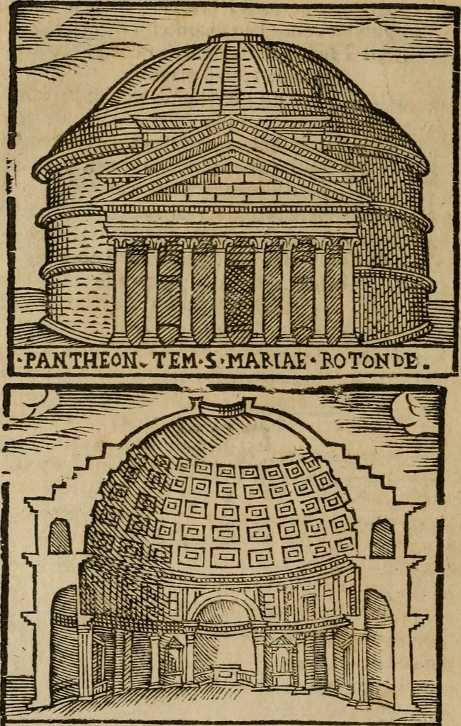 An illustration from Descrittione di Roma antica e moderna : nella quale si contengono chiese, monasterij, hospedali, compagnie, collegij e seminarij, tempij, teatri, anfiteatri, naumachie, cerchi, fori, curie, palazzi, e statue, librerie, musei, pitture, sculture, & i nomi de gli artefici : indice de'sommi pontefici, imperatori e duchi : con due copiosissime tauole, 1643, leaf 687
