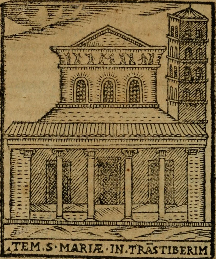An illustration from Descrittione di Roma antica e moderna : nella quale si contengono chiese, monasterij, hospedali, compagnie, collegij e seminarij, tempij, teatri, anfiteatri, naumachie, cerchi, fori, curie, palazzi, e statue, librerie, musei, pitture, sculture, & i nomi de gli artefici : indice de'sommi pontefici, imperatori e duchi : con due copiosissime tauole, 1643, leaf 69