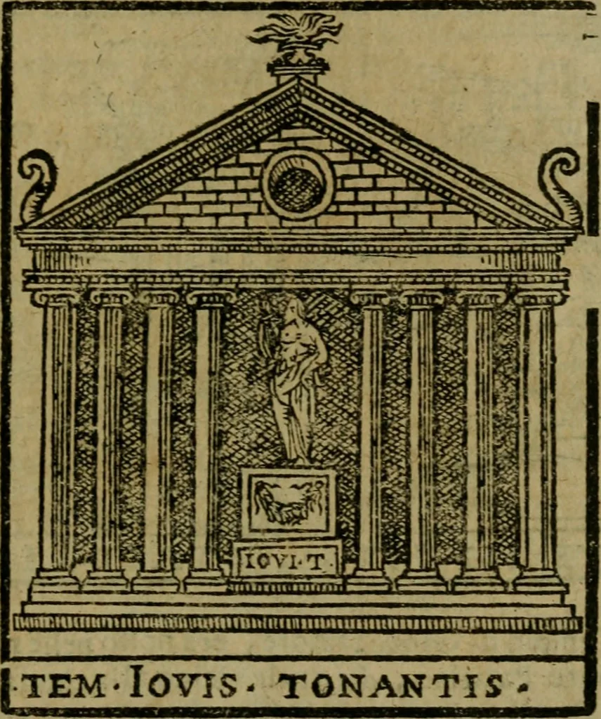 An illustration from Descrittione di Roma antica e moderna : nella quale si contengono chiese, monasterij, hospedali, compagnie, collegij e seminarij, tempij, teatri, anfiteatri, naumachie, cerchi, fori, curie, palazzi, e statue, librerie, musei, pitture, sculture, & i nomi de gli artefici : indice de'sommi pontefici, imperatori e duchi : con due copiosissime tauole, 1643, leaf 690