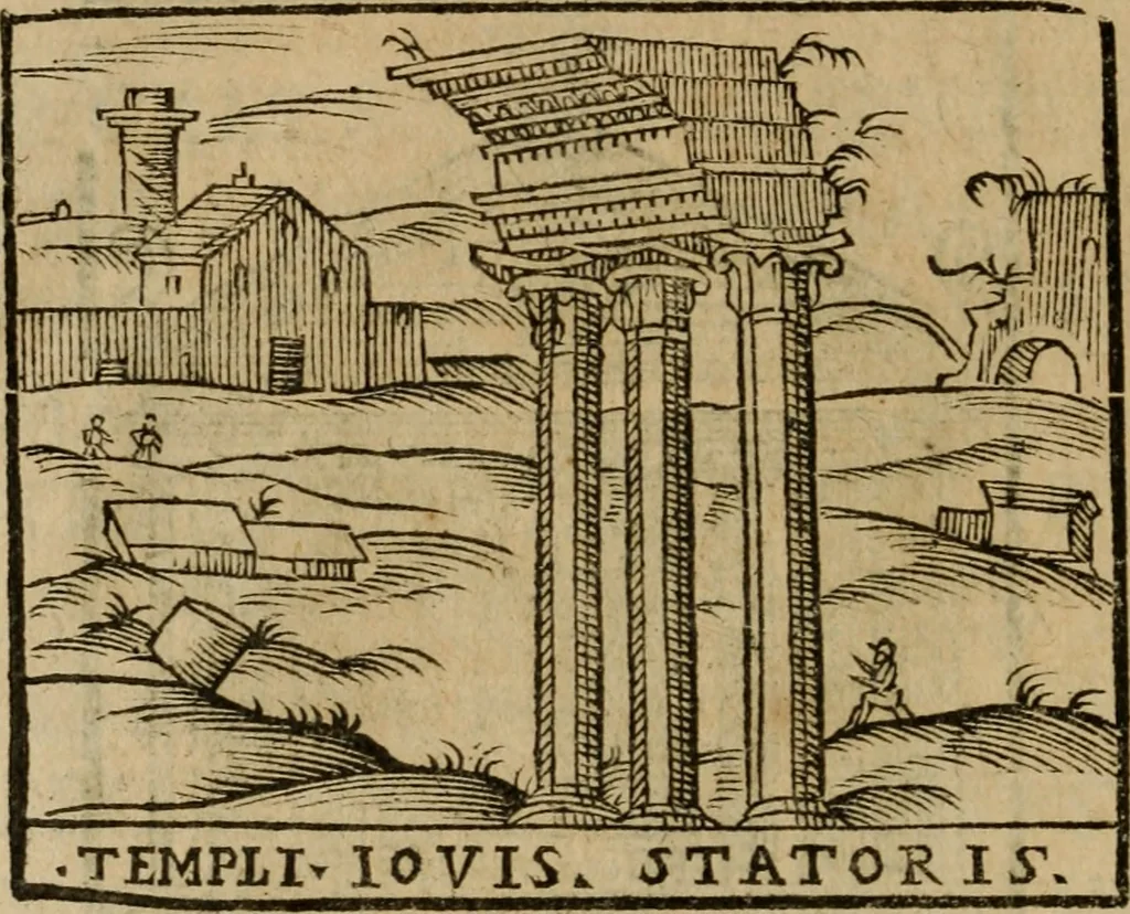 An illustration from Descrittione di Roma antica e moderna : nella quale si contengono chiese, monasterij, hospedali, compagnie, collegij e seminarij, tempij, teatri, anfiteatri, naumachie, cerchi, fori, curie, palazzi, e statue, librerie, musei, pitture, sculture, & i nomi de gli artefici : indice de'sommi pontefici, imperatori e duchi : con due copiosissime tauole, 1643, leaf 691