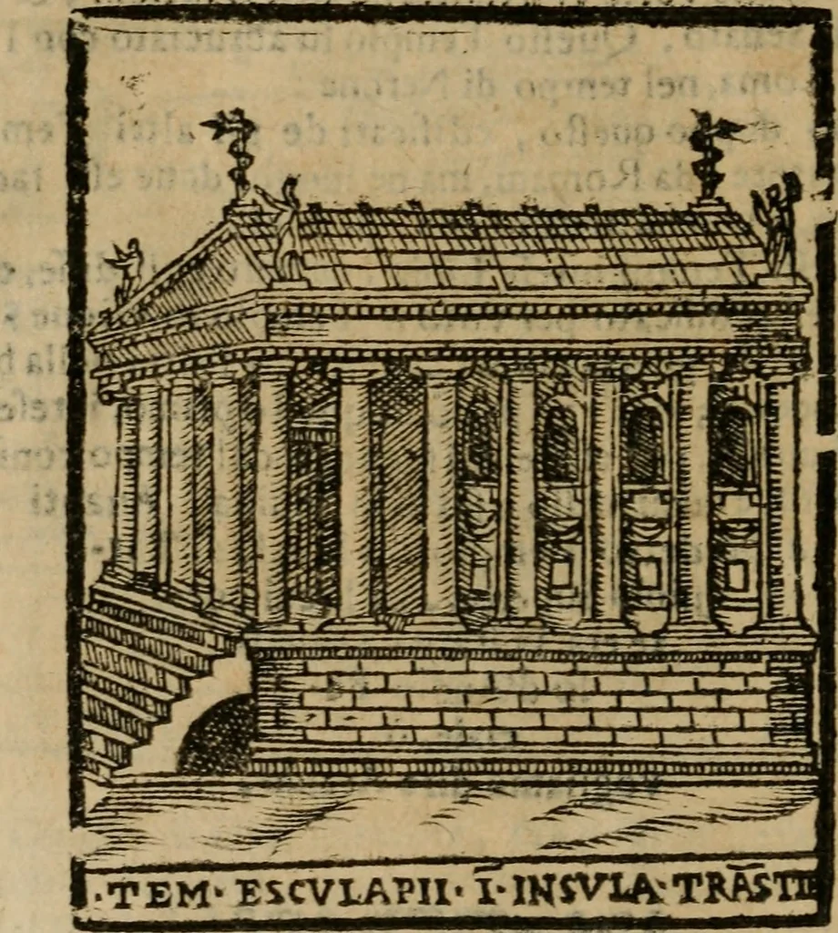 An illustration from Descrittione di Roma antica e moderna : nella quale si contengono chiese, monasterij, hospedali, compagnie, collegij e seminarij, tempij, teatri, anfiteatri, naumachie, cerchi, fori, curie, palazzi, e statue, librerie, musei, pitture, sculture, & i nomi de gli artefici : indice de'sommi pontefici, imperatori e duchi : con due copiosissime tauole, 1643, leaf 693