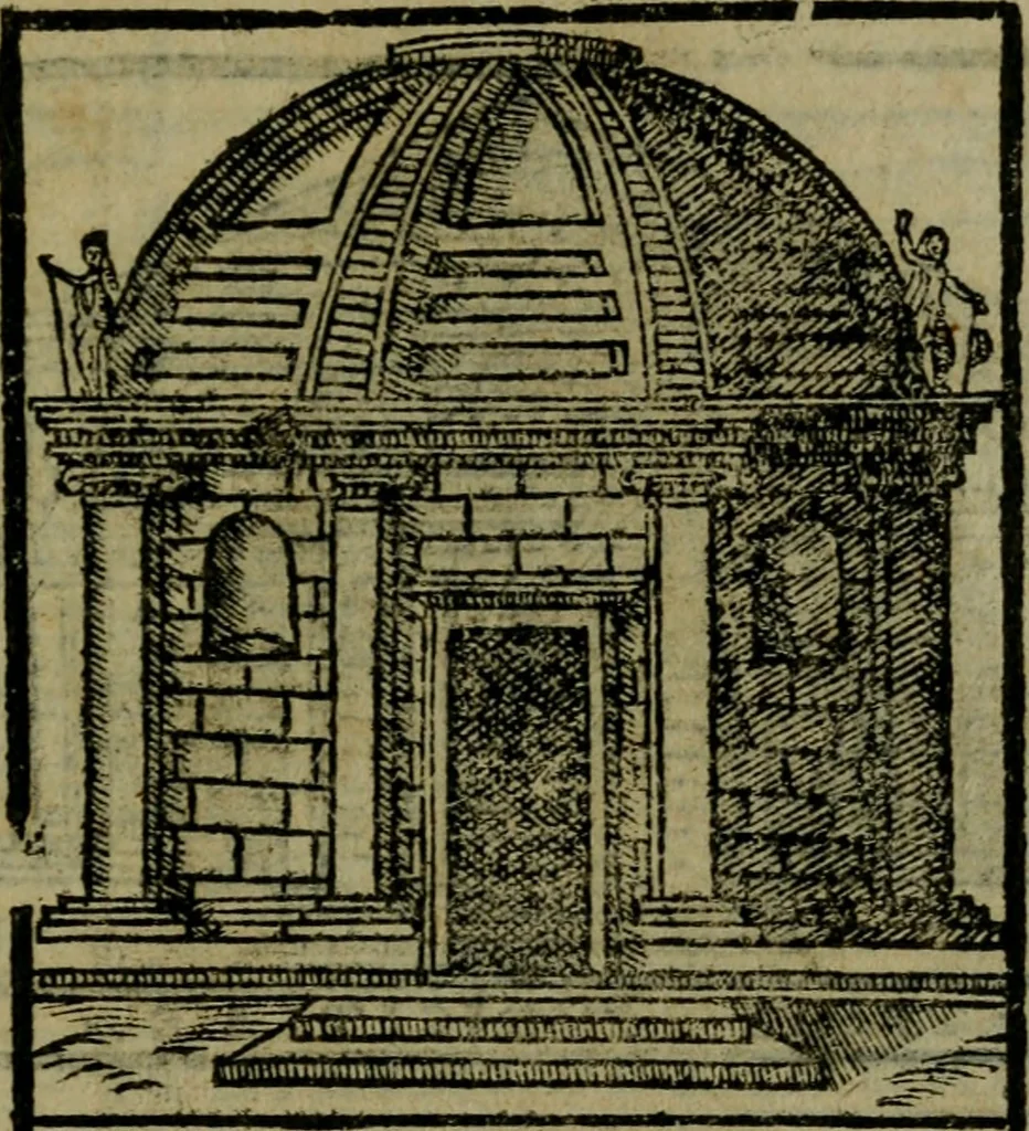 An illustration from Descrittione di Roma antica e moderna : nella quale si contengono chiese, monasterij, hospedali, compagnie, collegij e seminarij, tempij, teatri, anfiteatri, naumachie, cerchi, fori, curie, palazzi, e statue, librerie, musei, pitture, sculture, & i nomi de gli artefici : indice de'sommi pontefici, imperatori e duchi : con due copiosissime tauole, 1643, leaf 696