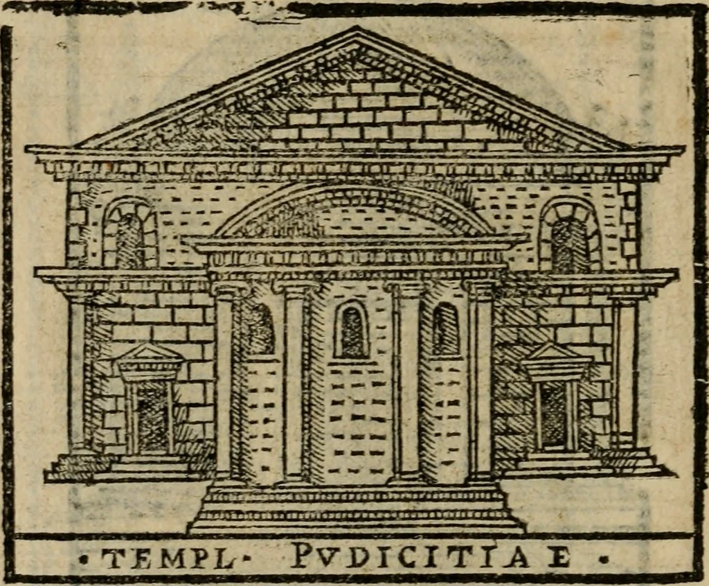 An illustration from Descrittione di Roma antica e moderna : nella quale si contengono chiese, monasterij, hospedali, compagnie, collegij e seminarij, tempij, teatri, anfiteatri, naumachie, cerchi, fori, curie, palazzi, e statue, librerie, musei, pitture, sculture, & i nomi de gli artefici : indice de'sommi pontefici, imperatori e duchi : con due copiosissime tauole, 1643, leaf 697