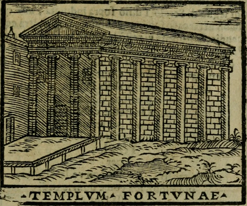 An illustration from Descrittione di Roma antica e moderna : nella quale si contengono chiese, monasterij, hospedali, compagnie, collegij e seminarij, tempij, teatri, anfiteatri, naumachie, cerchi, fori, curie, palazzi, e statue, librerie, musei, pitture, sculture, & i nomi de gli artefici : indice de'sommi pontefici, imperatori e duchi : con due copiosissime tauole, 1643, leaf 698