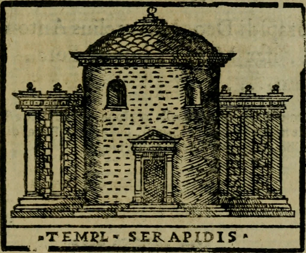 An illustration from Descrittione di Roma antica e moderna : nella quale si contengono chiese, monasterij, hospedali, compagnie, collegij e seminarij, tempij, teatri, anfiteatri, naumachie, cerchi, fori, curie, palazzi, e statue, librerie, musei, pitture, sculture, & i nomi de gli artefici : indice de'sommi pontefici, imperatori e duchi : con due copiosissime tauole, 1643, leaf 700