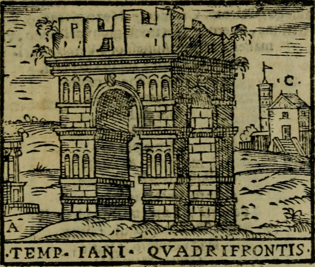 An illustration from Descrittione di Roma antica e moderna : nella quale si contengono chiese, monasterij, hospedali, compagnie, collegij e seminarij, tempij, teatri, anfiteatri, naumachie, cerchi, fori, curie, palazzi, e statue, librerie, musei, pitture, sculture, & i nomi de gli artefici : indice de'sommi pontefici, imperatori e duchi : con due copiosissime tauole, 1643, leaf 704