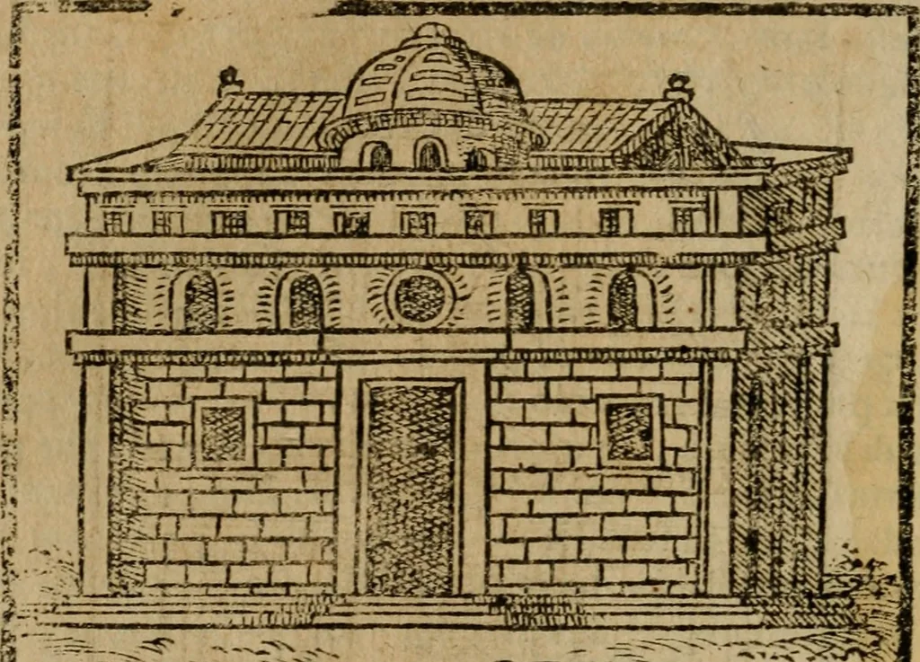 An illustration from Descrittione di Roma antica e moderna : nella quale si contengono chiese, monasterij, hospedali, compagnie, collegij e seminarij, tempij, teatri, anfiteatri, naumachie, cerchi, fori, curie, palazzi, e statue, librerie, musei, pitture, sculture, & i nomi de gli artefici : indice de'sommi pontefici, imperatori e duchi : con due copiosissime tauole, 1643, leaf 71