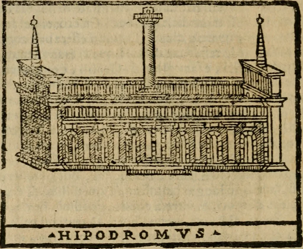 An illustration from Descrittione di Roma antica e moderna : nella quale si contengono chiese, monasterij, hospedali, compagnie, collegij e seminarij, tempij, teatri, anfiteatri, naumachie, cerchi, fori, curie, palazzi, e statue, librerie, musei, pitture, sculture, & i nomi de gli artefici : indice de'sommi pontefici, imperatori e duchi : con due copiosissime tauole, 1643, leaf 711