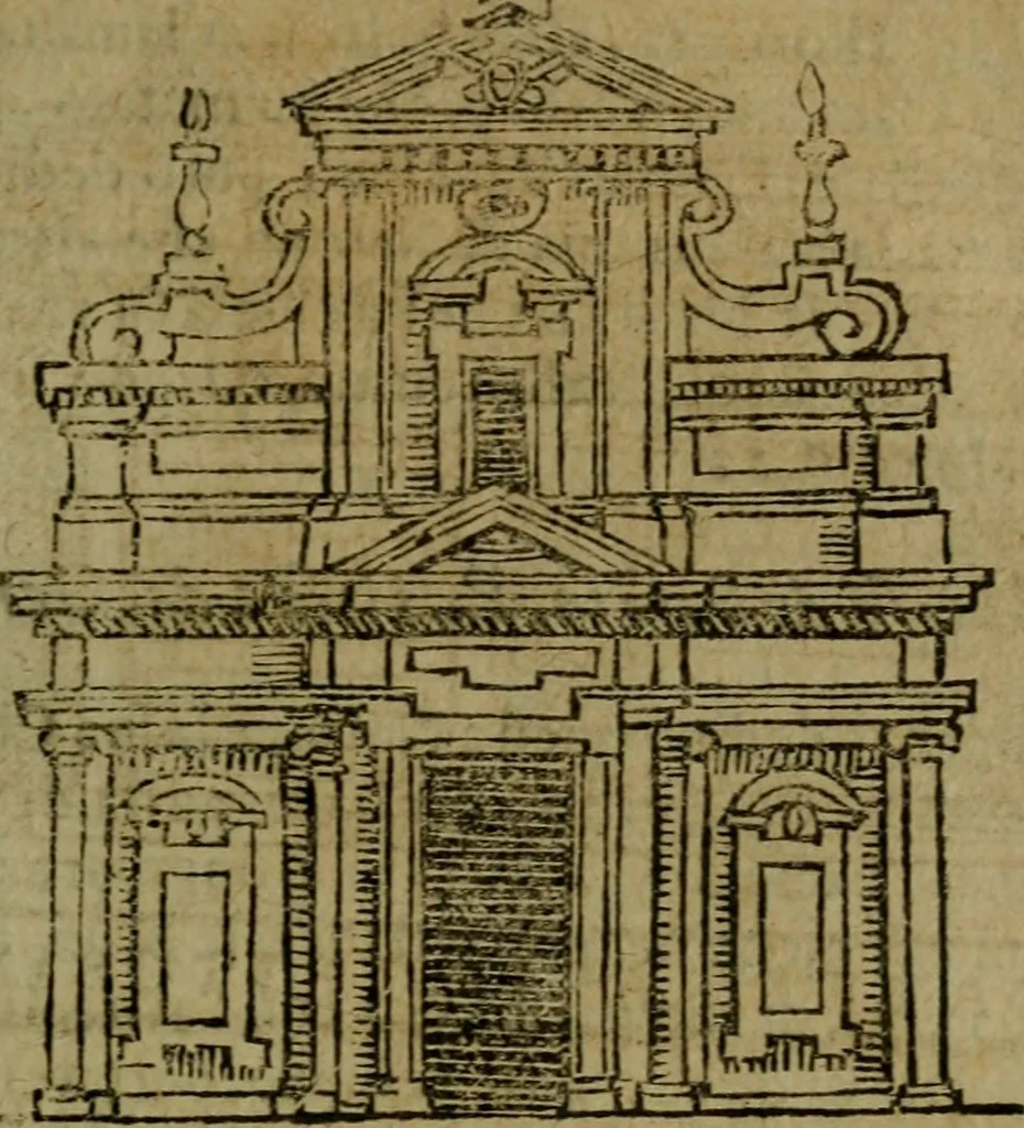An illustration from Descrittione di Roma antica e moderna : nella quale si contengono chiese, monasterij, hospedali, compagnie, collegij e seminarij, tempij, teatri, anfiteatri, naumachie, cerchi, fori, curie, palazzi, e statue, librerie, musei, pitture, sculture, & i nomi de gli artefici : indice de'sommi pontefici, imperatori e duchi : con due copiosissime tauole, 1643, leaf 72