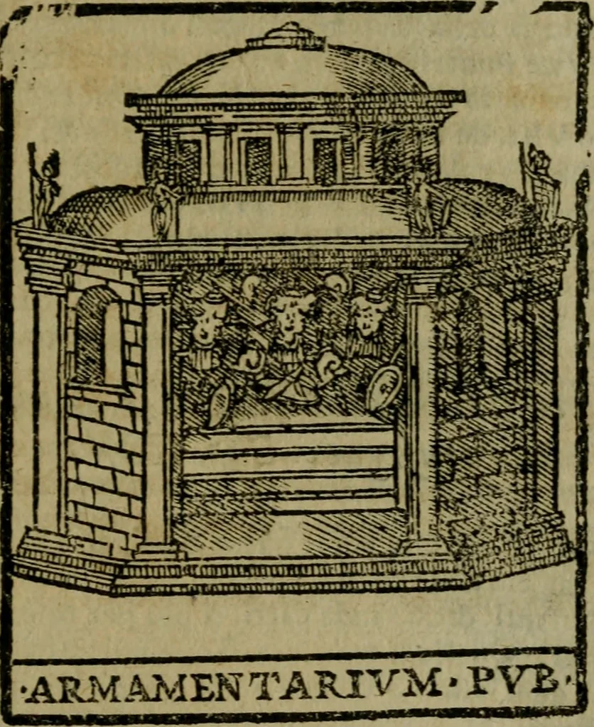 An illustration from Descrittione di Roma antica e moderna : nella quale si contengono chiese, monasterij, hospedali, compagnie, collegij e seminarij, tempij, teatri, anfiteatri, naumachie, cerchi, fori, curie, palazzi, e statue, librerie, musei, pitture, sculture, & i nomi de gli artefici : indice de'sommi pontefici, imperatori e duchi : con due copiosissime tauole, 1643, leaf 720