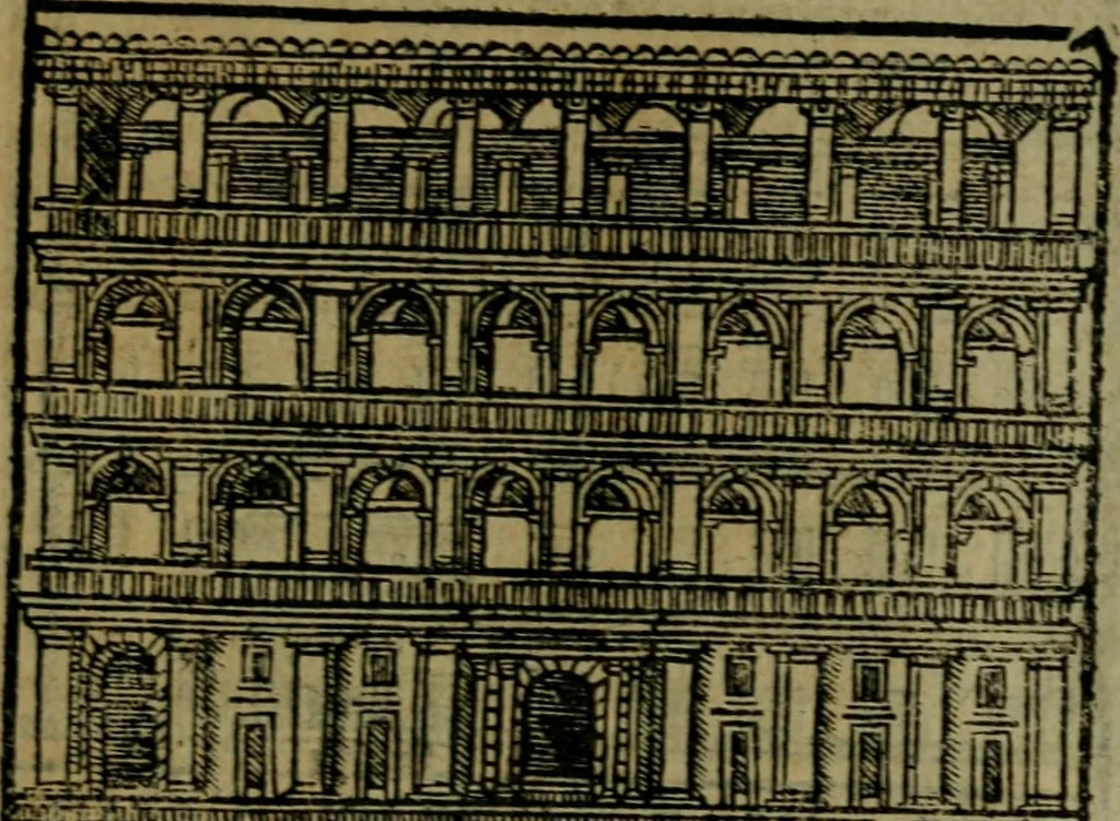 An illustration from Descrittione di Roma antica e moderna : nella quale si contengono chiese, monasterij, hospedali, compagnie, collegij e seminarij, tempij, teatri, anfiteatri, naumachie, cerchi, fori, curie, palazzi, e statue, librerie, musei, pitture, sculture, & i nomi de gli artefici : indice de'sommi pontefici, imperatori e duchi : con due copiosissime tauole, 1643, leaf 734