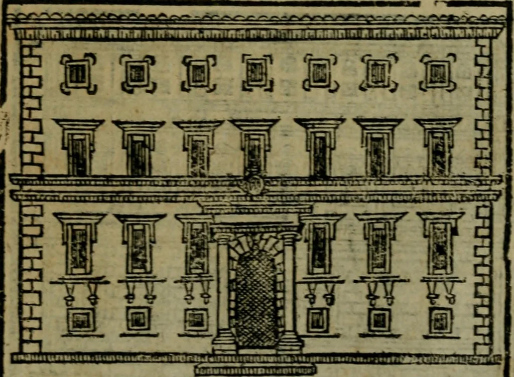 An illustration from Descrittione di Roma antica e moderna : nella quale si contengono chiese, monasterij, hospedali, compagnie, collegij e seminarij, tempij, teatri, anfiteatri, naumachie, cerchi, fori, curie, palazzi, e statue, librerie, musei, pitture, sculture, & i nomi de gli artefici : indice de'sommi pontefici, imperatori e duchi : con due copiosissime tauole, 1643, leaf 734