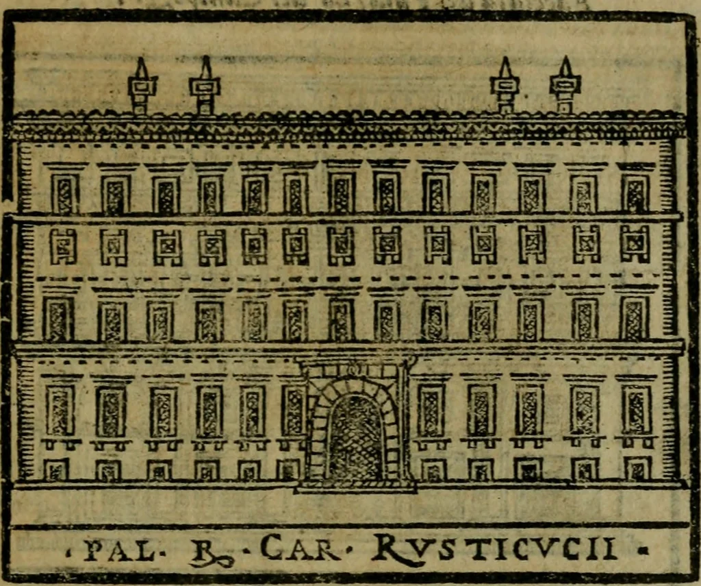 An illustration from Descrittione di Roma antica e moderna : nella quale si contengono chiese, monasterij, hospedali, compagnie, collegij e seminarij, tempij, teatri, anfiteatri, naumachie, cerchi, fori, curie, palazzi, e statue, librerie, musei, pitture, sculture, & i nomi de gli artefici : indice de'sommi pontefici, imperatori e duchi : con due copiosissime tauole, 1643, leaf 736