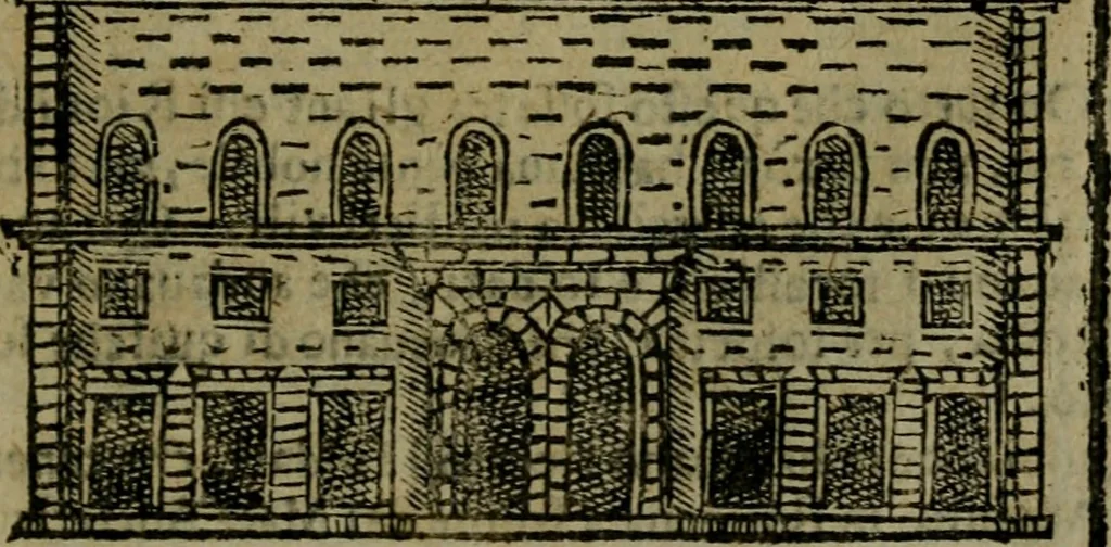 An illustration from Descrittione di Roma antica e moderna : nella quale si contengono chiese, monasterij, hospedali, compagnie, collegij e seminarij, tempij, teatri, anfiteatri, naumachie, cerchi, fori, curie, palazzi, e statue, librerie, musei, pitture, sculture, & i nomi de gli artefici : indice de'sommi pontefici, imperatori e duchi : con due copiosissime tauole, 1643, leaf 736