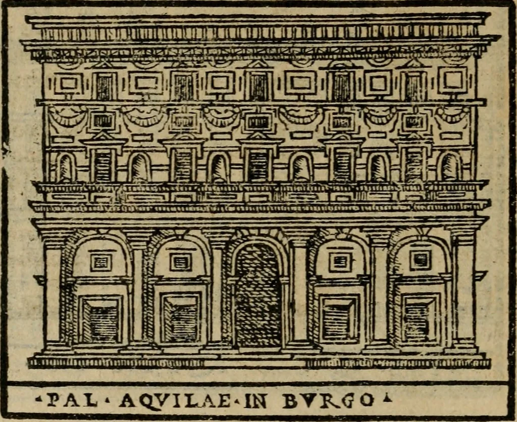 An illustration from Descrittione di Roma antica e moderna : nella quale si contengono chiese, monasterij, hospedali, compagnie, collegij e seminarij, tempij, teatri, anfiteatri, naumachie, cerchi, fori, curie, palazzi, e statue, librerie, musei, pitture, sculture, & i nomi de gli artefici : indice de'sommi pontefici, imperatori e duchi : con due copiosissime tauole, 1643, leaf 737