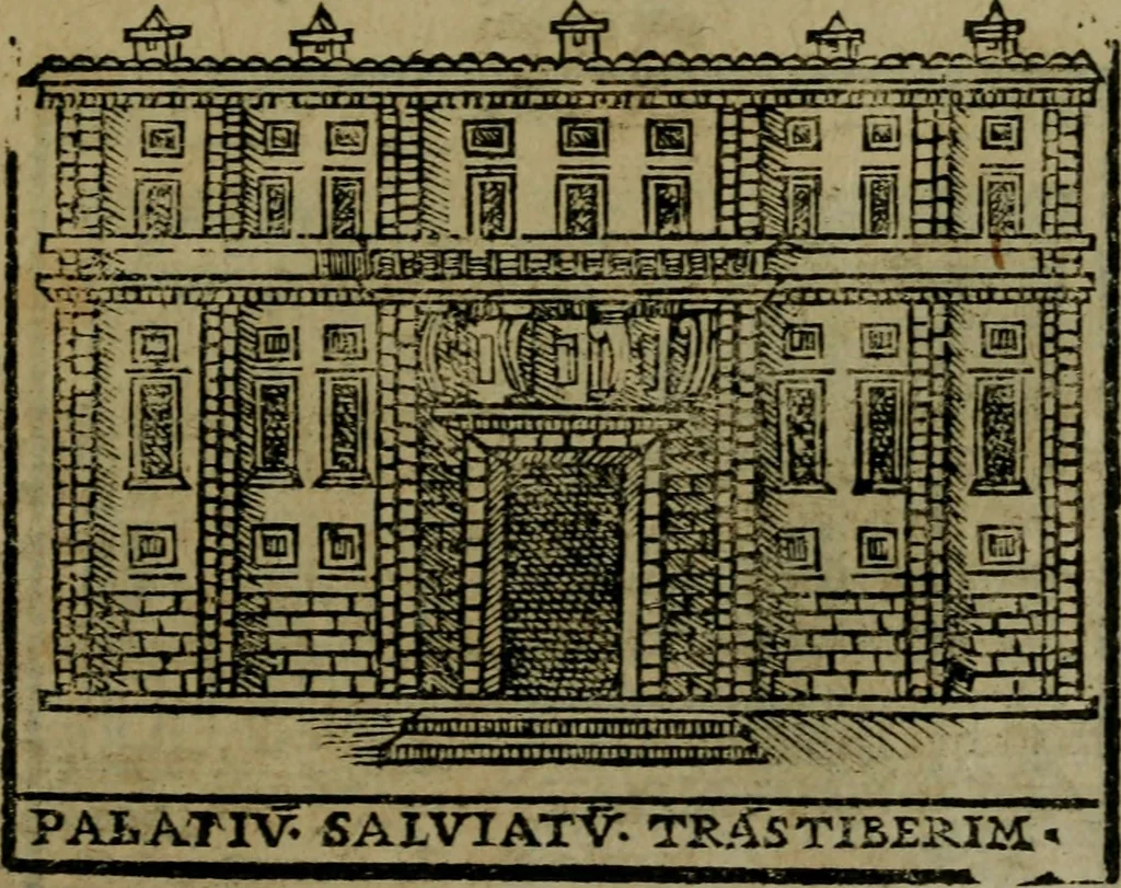 An illustration from Descrittione di Roma antica e moderna : nella quale si contengono chiese, monasterij, hospedali, compagnie, collegij e seminarij, tempij, teatri, anfiteatri, naumachie, cerchi, fori, curie, palazzi, e statue, librerie, musei, pitture, sculture, & i nomi de gli artefici : indice de'sommi pontefici, imperatori e duchi : con due copiosissime tauole, 1643, leaf 738