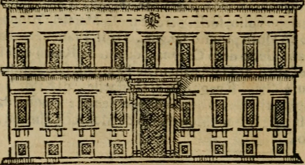 An illustration from Descrittione di Roma antica e moderna : nella quale si contengono chiese, monasterij, hospedali, compagnie, collegij e seminarij, tempij, teatri, anfiteatri, naumachie, cerchi, fori, curie, palazzi, e statue, librerie, musei, pitture, sculture, & i nomi de gli artefici : indice de'sommi pontefici, imperatori e duchi : con due copiosissime tauole, 1643, leaf 739