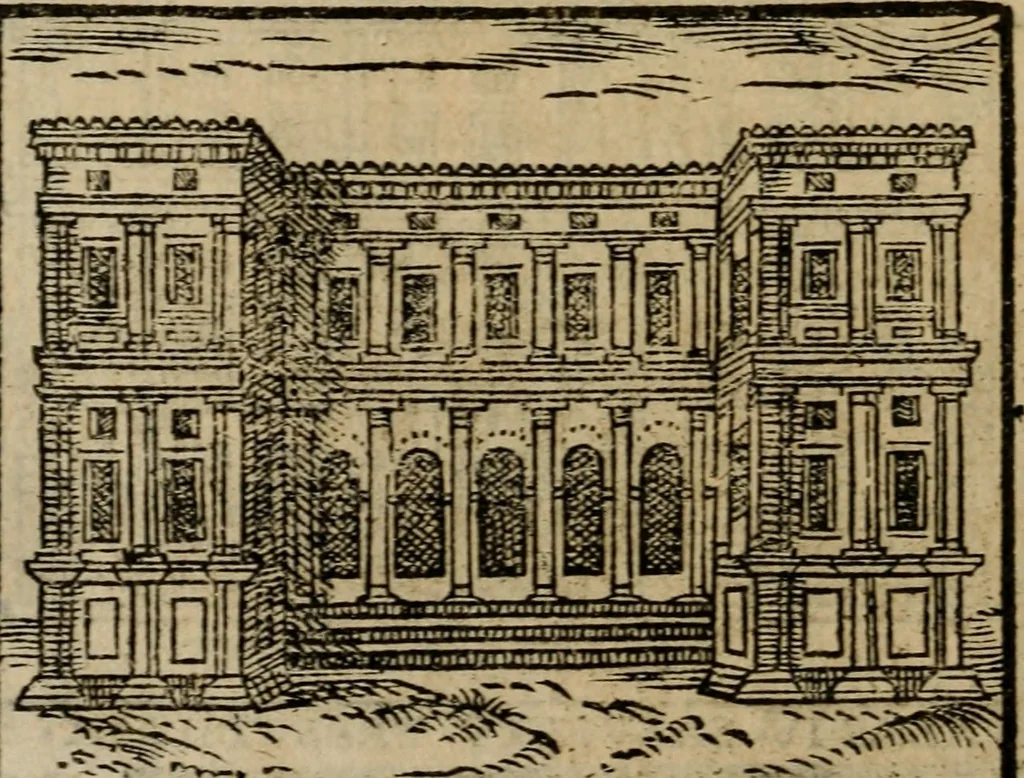 An illustration from Descrittione di Roma antica e moderna : nella quale si contengono chiese, monasterij, hospedali, compagnie, collegij e seminarij, tempij, teatri, anfiteatri, naumachie, cerchi, fori, curie, palazzi, e statue, librerie, musei, pitture, sculture, & i nomi de gli artefici : indice de'sommi pontefici, imperatori e duchi : con due copiosissime tauole, 1643, leaf 739