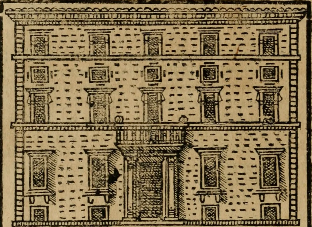 An illustration from Descrittione di Roma antica e moderna : nella quale si contengono chiese, monasterij, hospedali, compagnie, collegij e seminarij, tempij, teatri, anfiteatri, naumachie, cerchi, fori, curie, palazzi, e statue, librerie, musei, pitture, sculture, & i nomi de gli artefici : indice de'sommi pontefici, imperatori e duchi : con due copiosissime tauole, 1643, leaf 743