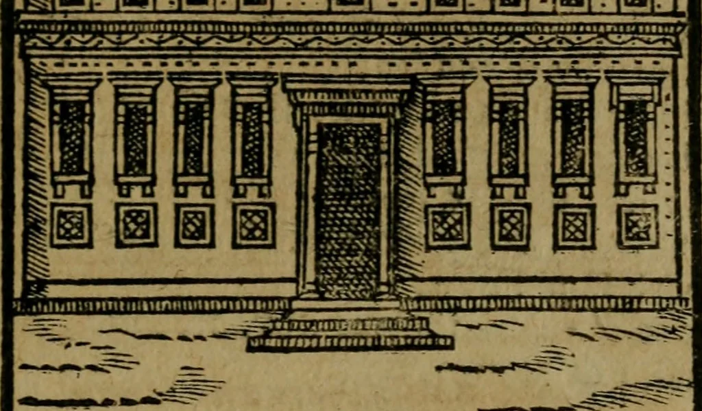An illustration from Descrittione di Roma antica e moderna : nella quale si contengono chiese, monasterij, hospedali, compagnie, collegij e seminarij, tempij, teatri, anfiteatri, naumachie, cerchi, fori, curie, palazzi, e statue, librerie, musei, pitture, sculture, & i nomi de gli artefici : indice de'sommi pontefici, imperatori e duchi : con due copiosissime tauole, 1643, leaf 744