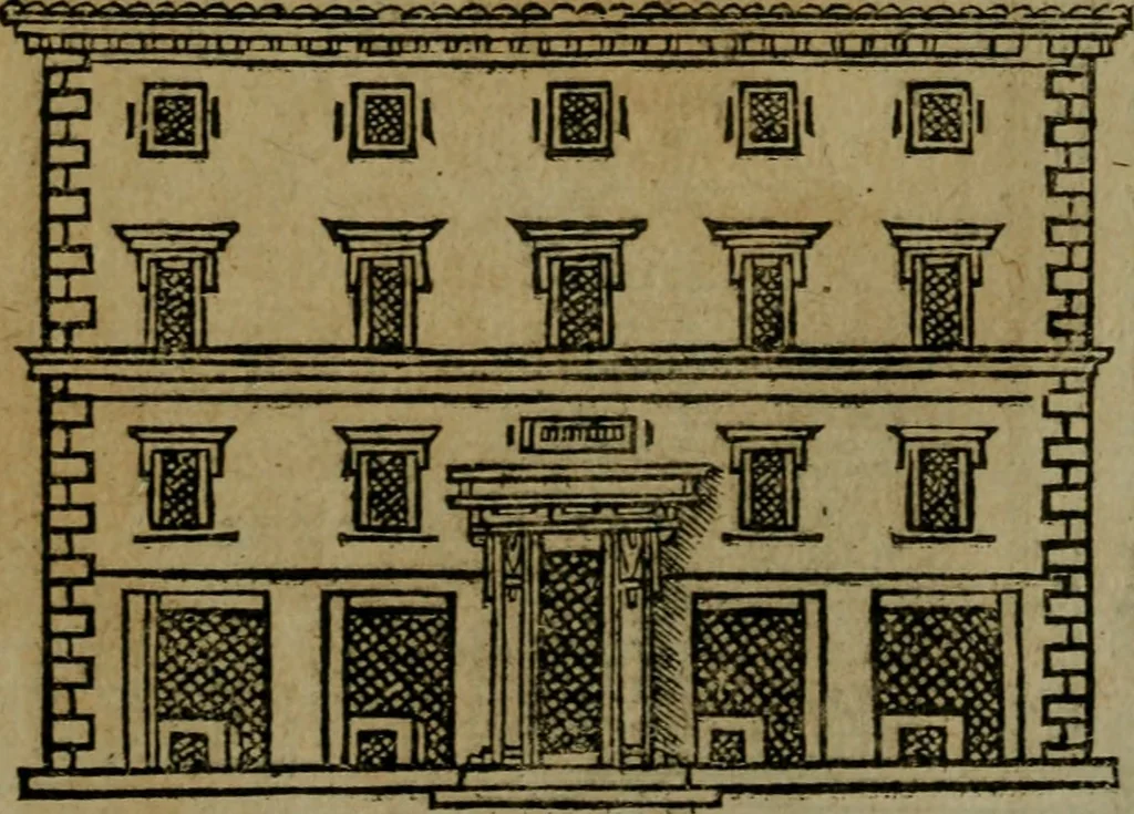 An illustration from Descrittione di Roma antica e moderna : nella quale si contengono chiese, monasterij, hospedali, compagnie, collegij e seminarij, tempij, teatri, anfiteatri, naumachie, cerchi, fori, curie, palazzi, e statue, librerie, musei, pitture, sculture, & i nomi de gli artefici : indice de'sommi pontefici, imperatori e duchi : con due copiosissime tauole, 1643, leaf 744