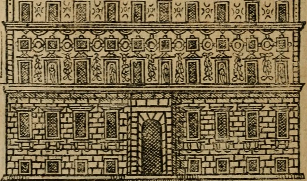 An illustration from Descrittione di Roma antica e moderna : nella quale si contengono chiese, monasterij, hospedali, compagnie, collegij e seminarij, tempij, teatri, anfiteatri, naumachie, cerchi, fori, curie, palazzi, e statue, librerie, musei, pitture, sculture, & i nomi de gli artefici : indice de'sommi pontefici, imperatori e duchi : con due copiosissime tauole, 1643, leaf 745