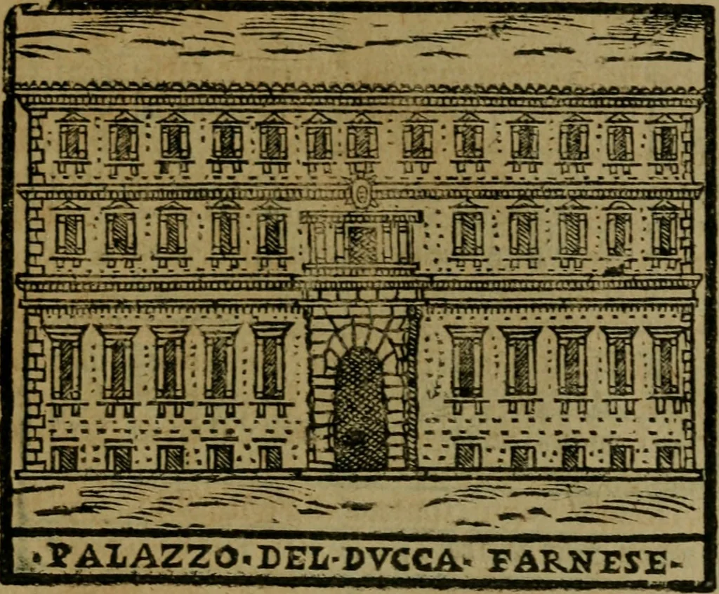 An illustration from Descrittione di Roma antica e moderna : nella quale si contengono chiese, monasterij, hospedali, compagnie, collegij e seminarij, tempij, teatri, anfiteatri, naumachie, cerchi, fori, curie, palazzi, e statue, librerie, musei, pitture, sculture, & i nomi de gli artefici : indice de'sommi pontefici, imperatori e duchi : con due copiosissime tauole, 1643, leaf 746