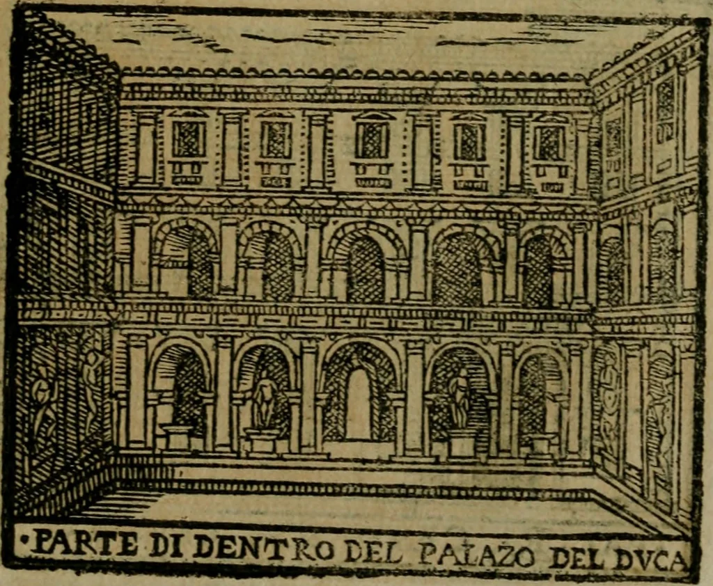 An illustration from Descrittione di Roma antica e moderna : nella quale si contengono chiese, monasterij, hospedali, compagnie, collegij e seminarij, tempij, teatri, anfiteatri, naumachie, cerchi, fori, curie, palazzi, e statue, librerie, musei, pitture, sculture, & i nomi de gli artefici : indice de'sommi pontefici, imperatori e duchi : con due copiosissime tauole, 1643, leaf 746