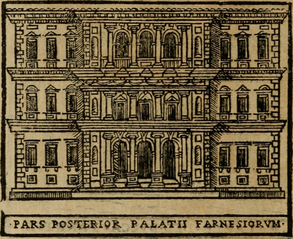 An illustration from Descrittione di Roma antica e moderna : nella quale si contengono chiese, monasterij, hospedali, compagnie, collegij e seminarij, tempij, teatri, anfiteatri, naumachie, cerchi, fori, curie, palazzi, e statue, librerie, musei, pitture, sculture, & i nomi de gli artefici : indice de'sommi pontefici, imperatori e duchi : con due copiosissime tauole, 1643, leaf 747