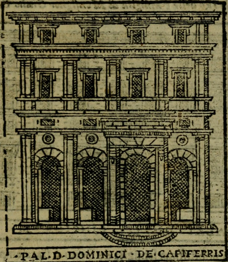 An illustration from Descrittione di Roma antica e moderna : nella quale si contengono chiese, monasterij, hospedali, compagnie, collegij e seminarij, tempij, teatri, anfiteatri, naumachie, cerchi, fori, curie, palazzi, e statue, librerie, musei, pitture, sculture, & i nomi de gli artefici : indice de'sommi pontefici, imperatori e duchi : con due copiosissime tauole, 1643, leaf 748