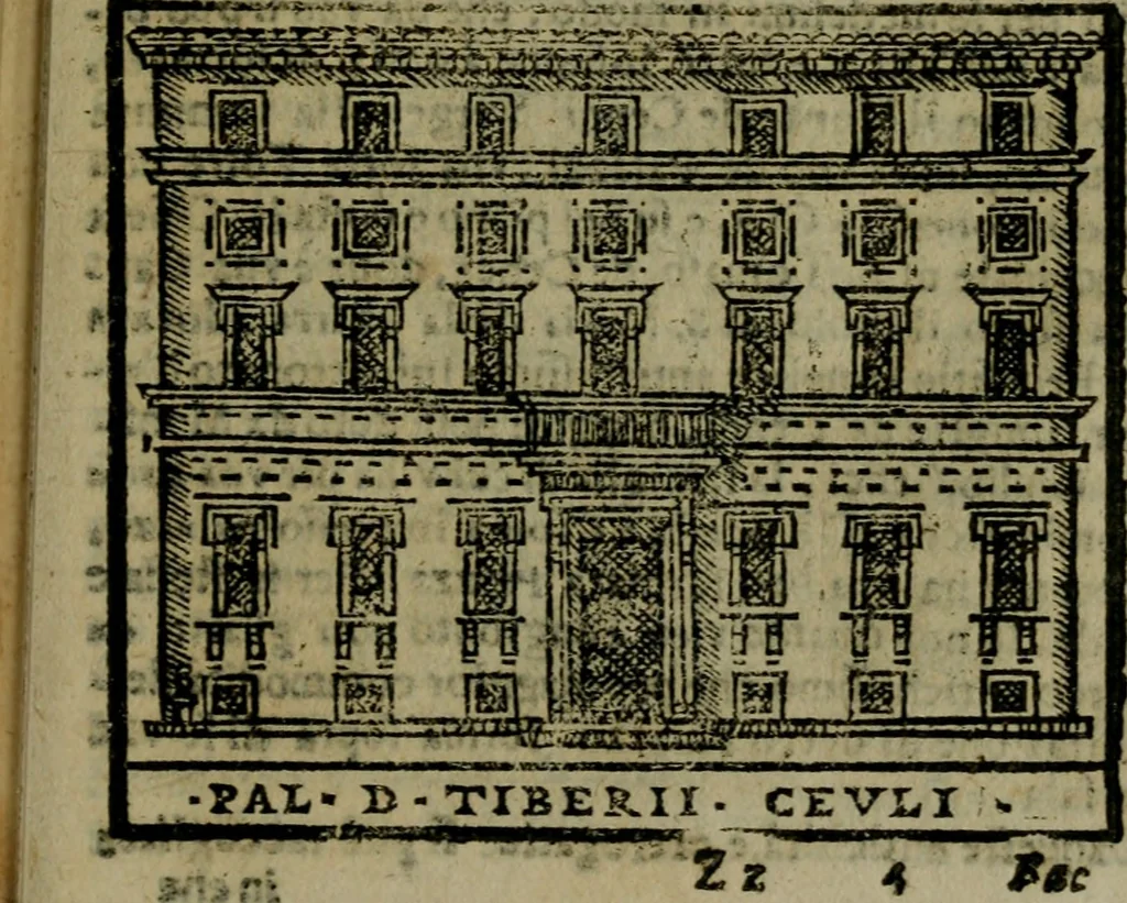 An illustration from Descrittione di Roma antica e moderna : nella quale si contengono chiese, monasterij, hospedali, compagnie, collegij e seminarij, tempij, teatri, anfiteatri, naumachie, cerchi, fori, curie, palazzi, e statue, librerie, musei, pitture, sculture, & i nomi de gli artefici : indice de'sommi pontefici, imperatori e duchi : con due copiosissime tauole, 1643, leaf 748